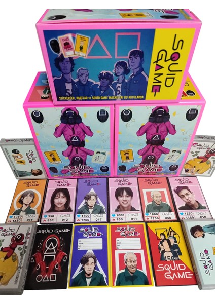 Squid Game Karakter Kartları ve (4 Minik Kutu 24 Karakter Kartı 8 Sticker) Jokeri Bul Maskeyi Kazan Oyun Kağıtları