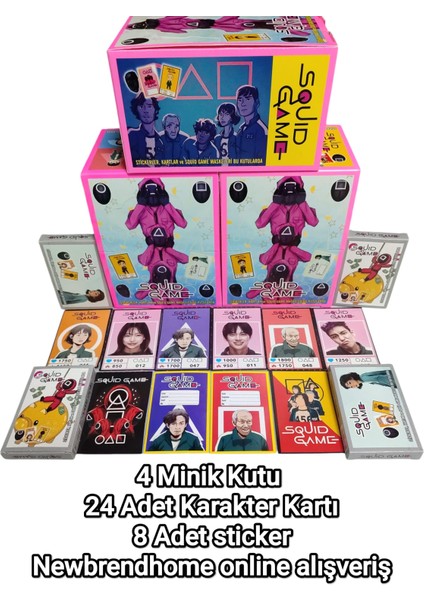 Squid Game Karakter Kartları ve (4 Minik Kutu 24 Karakter Kartı 8 Sticker) Jokeri Bul Maskeyi Kazan Oyun Kağıtları