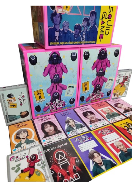 Squid Game Karakter Kartları ve (4 Minik Kutu 24 Karakter Kartı 8 Sticker) Jokeri Bul Maskeyi Kazan Oyun Kağıtları