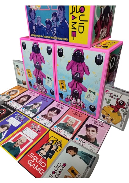 Squid Game Karakter Kartları ve (4 Minik Kutu 24 Karakter Kartı 8 Sticker) Jokeri Bul Maskeyi Kazan Oyun Kağıtları