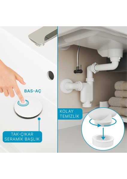 Aqua Bagno Comfort Yer Kazandıran Lavabo Sifonu + Pop-Up Sifon, Beyaz Seramik Başlıklı ,taşma Delikli, (1 -1/4)