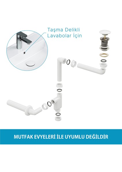 Aqua Bagno Comfort Yer Kazandıran Lavabo Sifonu + Pop-Up Sifon, Beyaz Seramik Başlıklı ,taşma Delikli, (1 -1/4)