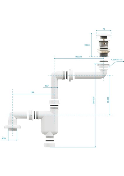 Aqua Bagno Comfort Yer Kazandıran Lavabo Sifonu + Pop-Up Sifon, Beyaz Seramik Başlıklı ,taşma Delikli, (1 -1/4)