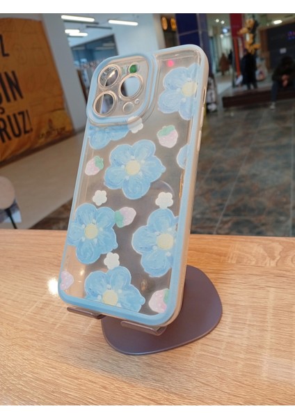 Apple iPhone 14 Pro Max Uyumlu Mavi Papatya Kılıf Şeffaf Kamera Korumalı Kapak