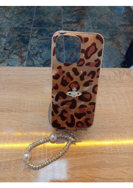 Iphone 14 Pro Max Uyumlu Leopar Tasarım Kılıf Taşlı Askılı Kapak Darbe Korumalı Hologram Kapak