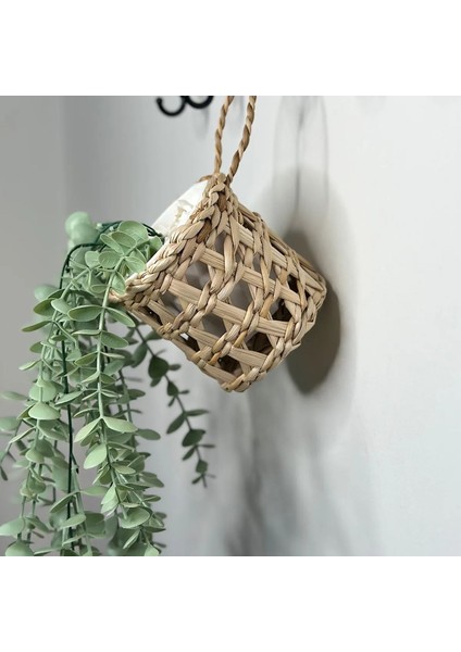 Dekoratif Çok Amaçlı Doğal El Yapımı Hasır Saksı Sepet / 10X10CM