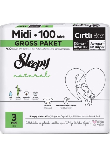 Nessiworld Sleepy Natural Bebek Bezi Gross Paket 3 Beden 4-9 kg 100 Adet