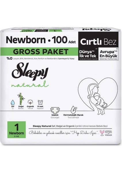 Nessiworld Sleepy Natural Bebek Bezi Gross Paket 1 Beden 2-5 kg 100 Adet
