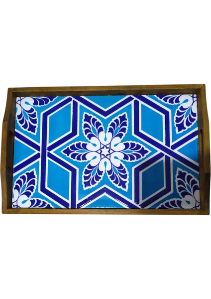 Ahşap Seramikli Çini Desenli Sunumluk Tepsi