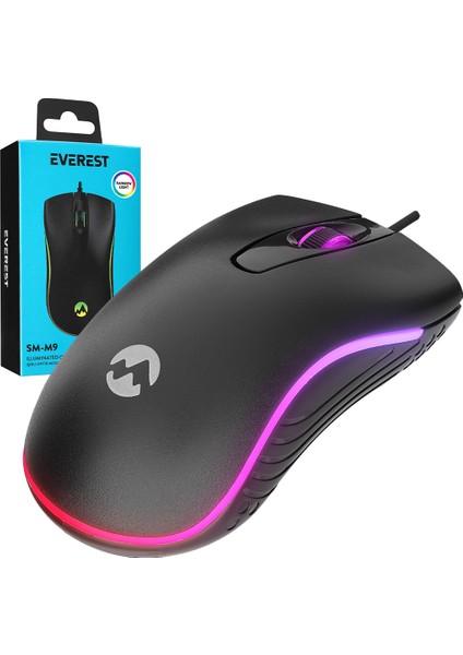 Everest Sm-M9 1000 Dpı USB Rgb Rainbow Ledli Siyah 3D Optik LED Mouse (4767) - ISL6924-1806