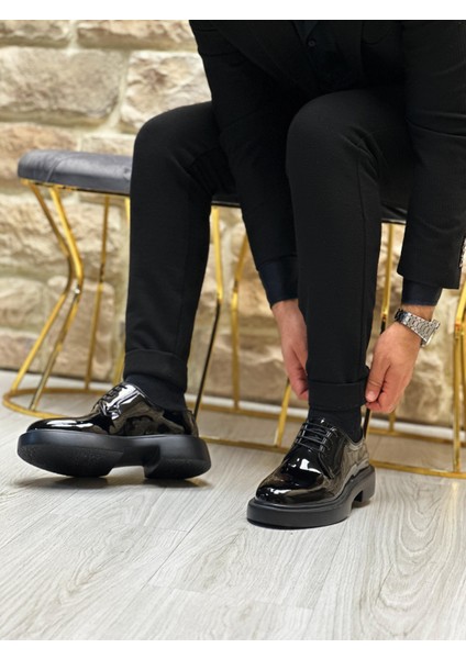 Black Bocel Shiny 3293 Hakiki Deri Rugan Erkek Casual Siyah