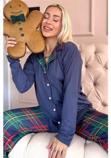 Lacivert Ekose Desenli Bambu Önden Düğmeli Uzun Kol Kadın Pijama Takımı