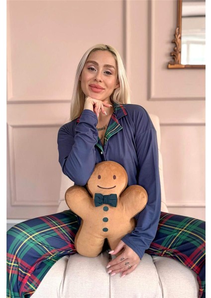 Lacivert Ekose Desenli Bambu Önden Düğmeli Uzun Kol Kadın Pijama Takımı fiyatları
