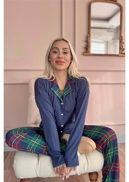 Lacivert Ekose Desenli Bambu Önden Düğmeli Uzun Kol Kadın Pijama Takımı modelleri