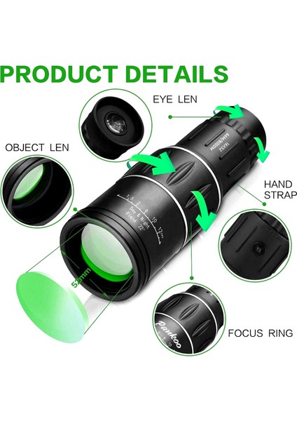 16x52 Optik Lens Monoküler Teleskop Dürbün, Gece Görüşlü Avcılık Ve Kamp Dürbünü + Saklama Kılıfı