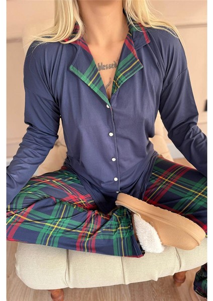 Lacivert Ekose Desenli Bambu Önden Düğmeli Uzun Kol Kadın Pijama Takımı indirimleri