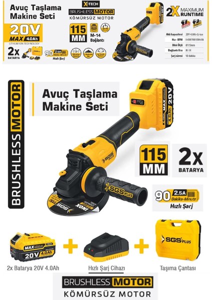 20V Çift Akülü Avuç Taşlama Makinası Seti 2x4.0 Ah Çantalı Taşlama Kömürsüz Motor