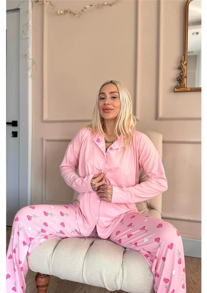 Pembe Kalp Desenli Bambu Önden Düğmeli Uzun Kol Kadın Pijama Takımı