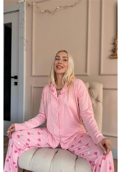 Pembe Kalp Desenli Bambu Önden Düğmeli Uzun Kol Kadın Pijama Takımı