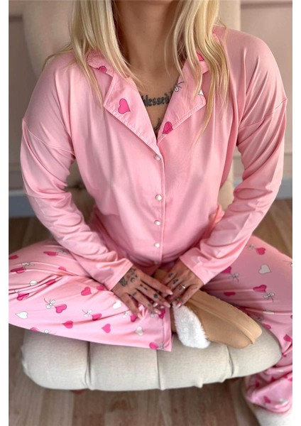 Pembe Kalp Desenli Bambu Önden Düğmeli Uzun Kol Kadın Pijama Takımı