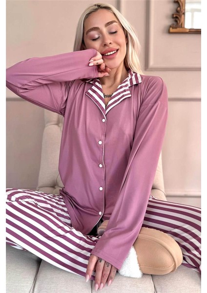 Pudra Çizgi Desenli Bambu Önden Düğmeli Uzun Kol Kadın Pijama Takımı