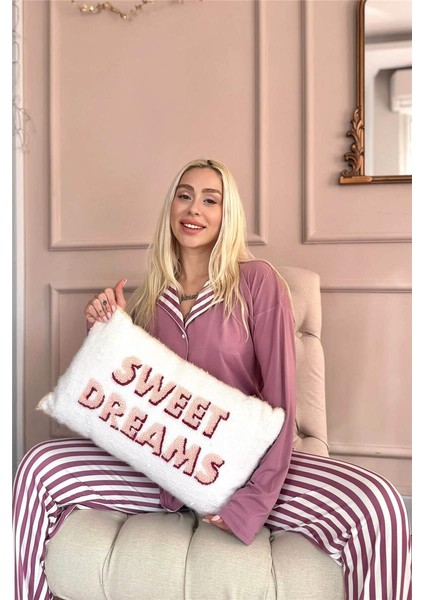 Pudra Çizgi Desenli Bambu Önden Düğmeli Uzun Kol Kadın Pijama Takımı fiyatları