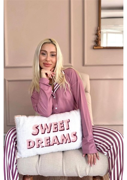 Pudra Çizgi Desenli Bambu Önden Düğmeli Uzun Kol Kadın Pijama Takımı modelleri