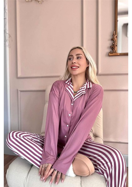 Pudra Çizgi Desenli Bambu Önden Düğmeli Uzun Kol Kadın Pijama Takımı fırsatları