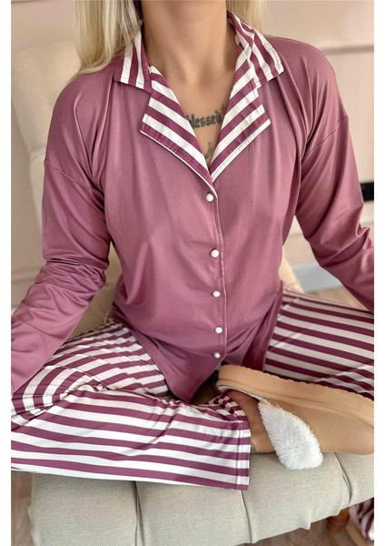 Pudra Çizgi Desenli Bambu Önden Düğmeli Uzun Kol Kadın Pijama Takımı indirimleri