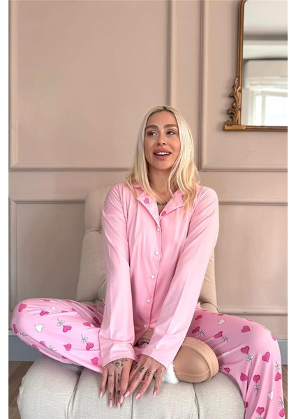 Pembe Kalp Desenli Bambu Önden Düğmeli Uzun Kol Kadın Pijama Takımı fırsatları