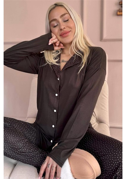 Siyah Puan Desenli Bambu Önden Düğmeli Uzun Kol Kadın Pijama Takımı