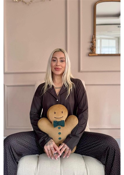 Siyah Puan Desenli Bambu Önden Düğmeli Uzun Kol Kadın Pijama Takımı