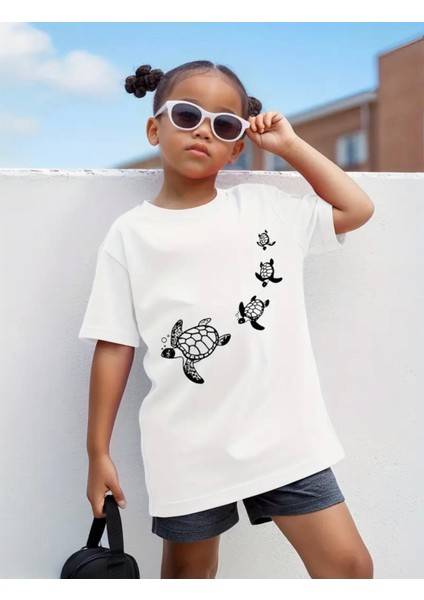 Punıx Kıds Özel Üretim Kaplumbağalar Baskılı Yeni Stil Kız Çocuk Ter Tutmayan Yazlık T-Shırt