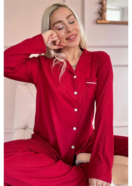 Bordo Dublin Önden Düğmeli Uzun Kollu Kadın Pijama Takımı