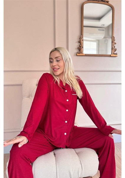 Bordo Dublin Önden Düğmeli Uzun Kollu Kadın Pijama Takımı fiyatları