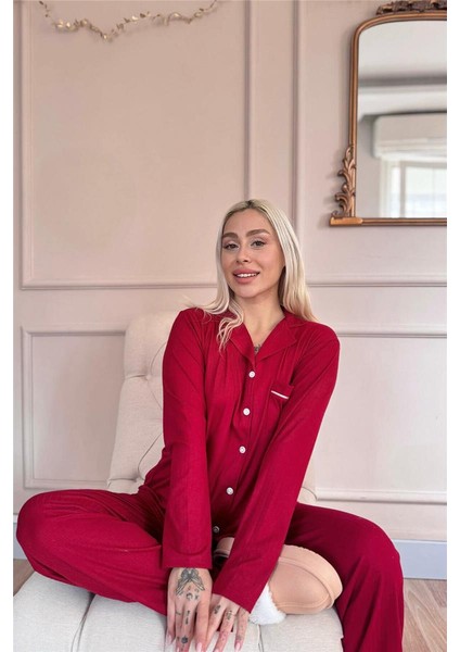 Bordo Dublin Önden Düğmeli Uzun Kollu Kadın Pijama Takımı modelleri