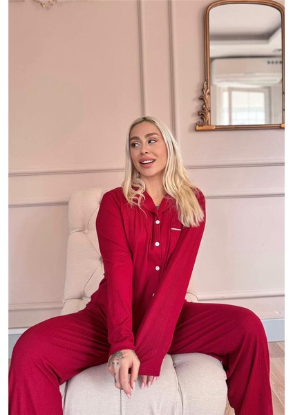 Bordo Dublin Önden Düğmeli Uzun Kollu Kadın Pijama Takımı fırsatları