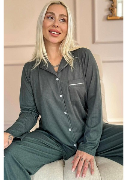 Yeşil Dublin Önden Düğmeli Uzun Kollu Kadın Pijama Takımı