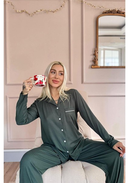 Yeşil Dublin Önden Düğmeli Uzun Kollu Kadın Pijama Takımı