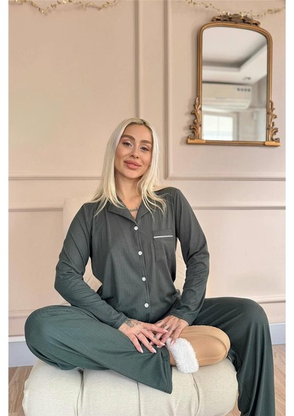 Yeşil Dublin Önden Düğmeli Uzun Kollu Kadın Pijama Takımı