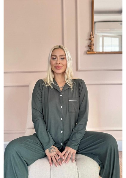 Yeşil Dublin Önden Düğmeli Uzun Kollu Kadın Pijama Takımı