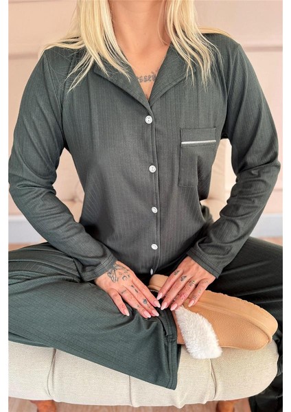 Yeşil Dublin Önden Düğmeli Uzun Kollu Kadın Pijama Takımı