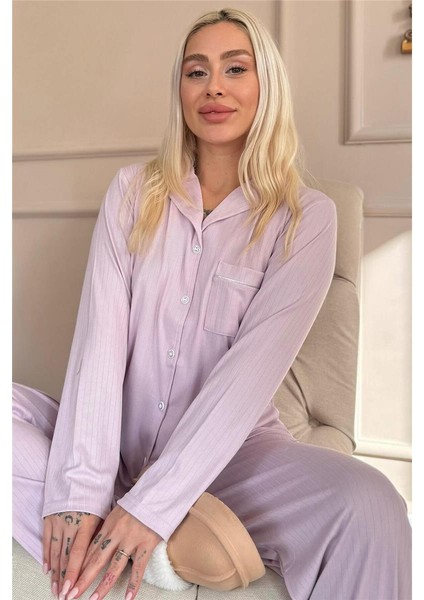 Lila Dublin Önden Düğmeli Uzun Kollu Kadın Pijama Takımı