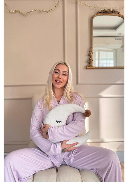 Lila Dublin Önden Düğmeli Uzun Kollu Kadın Pijama Takımı