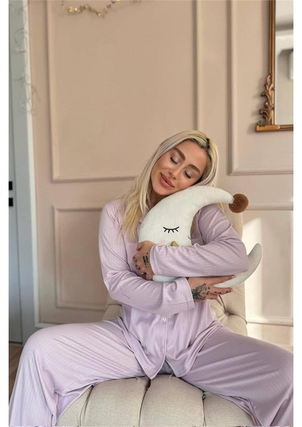 Lila Dublin Önden Düğmeli Uzun Kollu Kadın Pijama Takımı
