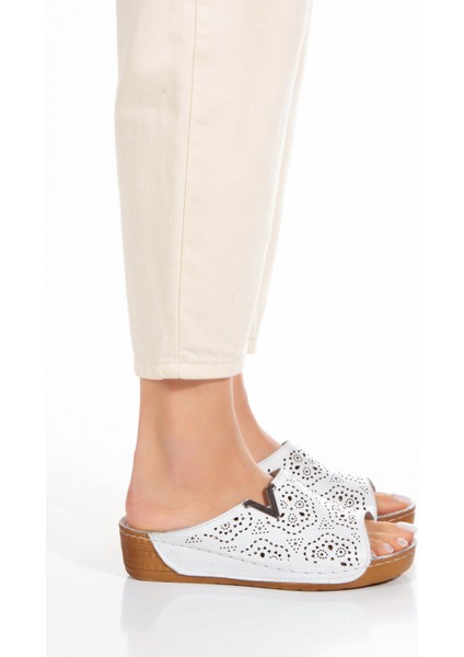 Hakiki Deri Dolgu Taban Topuksuz Kadın Terlik