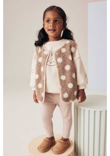 Pamuklu Krem Kahve Uzun Kollu Alt Üst Takım Yelek 3'lü Set