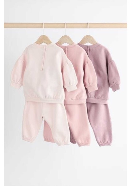 Pamuklu Şardonlu Pembe Krem Uzun Kollu 3’lü Jogger Alt Üst Takım