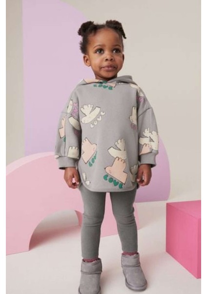 Pamuklu Gri Kapüşonlu Uzun Kollu Sweatshirt Tayt Alt Üst Takım