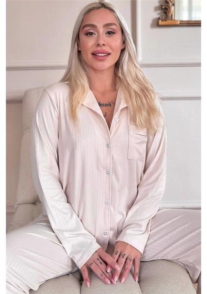 Açık Bej Dublin Önden Düğmeli Uzun Kollu Kadın Pijama Takımı